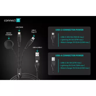 CONNECT IT Wirez 6in1 1x USB-C 1x Lightning 1x óra töltő 1,25 m FEKETE