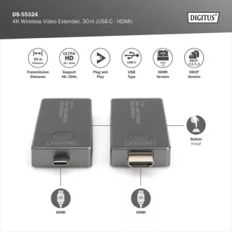 DIGITUS DS-55324 4K vezeték nélküli videó hosszabbító készlet, 30 m (USB-C - HDMI) DIGITUS DS-55324 4K vezeték nélküli videó hosszabbító készlet, 30 m (USB-C - HDMI)