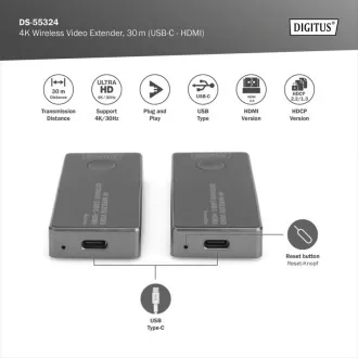 DIGITUS DS-55324 4K vezeték nélküli videó hosszabbító készlet, 30 m (USB-C - HDMI) DIGITUS DS-55324 4K vezeték nélküli videó hosszabbító készlet, 30 m (USB-C - HDMI)