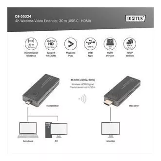 DIGITUS DS-55324 4K vezeték nélküli videó hosszabbító készlet, 30 m (USB-C - HDMI) DIGITUS DS-55324 4K vezeték nélküli videó hosszabbító készlet, 30 m (USB-C - HDMI)