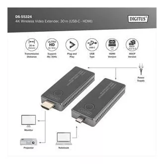 DIGITUS DS-55324 4K vezeték nélküli videó hosszabbító készlet, 30 m (USB-C - HDMI) DIGITUS DS-55324 4K vezeték nélküli videó hosszabbító készlet, 30 m (USB-C - HDMI)