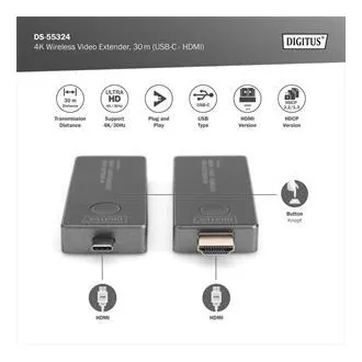 DIGITUS DS-55324 4K vezeték nélküli videó hosszabbító készlet, 30 m (USB-C - HDMI) DIGITUS DS-55324 4K vezeték nélküli videó hosszabbító készlet, 30 m (USB-C - HDMI)