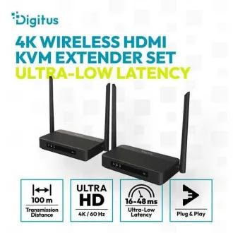 DIGITUS 4K/60 Hz vezeték nélküli HDMI KVM-hosszabbító készlet, 100 m, fekete DIGITUS 4K/60 Hz vezeték nélküli HDMI KVM-hosszabbító készlet, 100 m, fekete