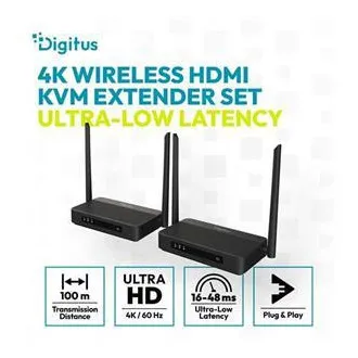 DIGITUS 4K/60 Hz vezeték nélküli HDMI KVM-hosszabbító készlet, 100 m, fekete DIGITUS 4K/60 Hz vezeték nélküli HDMI KVM-hosszabbító készlet, 100 m, fekete