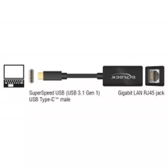 Delock adapter Szupergyors USB (USB 3.1 Gen 1) USB Type-C™ csatlakozóval > Gigabit LAN 10/100/1000 Mbps kompakt fekete színű