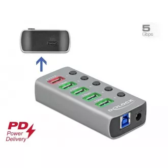Delock USB 3.2 Gen 1 hub 4 porttal   1 gyorstöltő port   1 USB-C™ PD 3.0 port kapcsolóval és világítással
