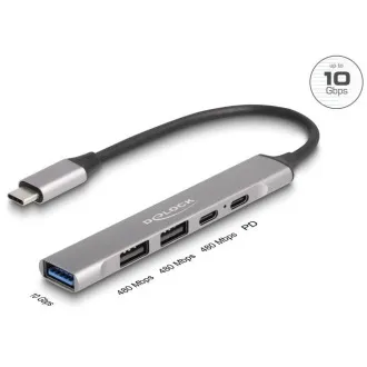 Delock 4 portos USB Type-C™ Slim Hub 1 x USB 10 Gbps Type-A   2 x USB 2.0 Type-A   1 x USB 2.0 USB Type-C™ és PD 9