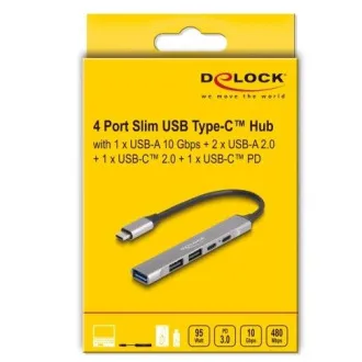 Delock 4 portos USB Type-C™ Slim Hub 1 x USB 10 Gbps Type-A   2 x USB 2.0 Type-A   1 x USB 2.0 USB Type-C™ és PD 9