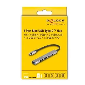 Delock 4 portos USB Type-C™ Slim Hub 1 x USB 10 Gbps Type-A   2 x USB 2.0 Type-A   1 x USB 2.0 USB Type-C™ és PD 9