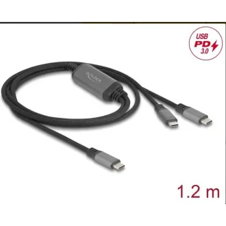 Delock USB-C™ Y-alakú kábel, 1 x dugó 2 x PD 3.0 dugóhoz, 100 W intelligens teljesítményelosztás, 1,2 m