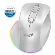 Genius Ergo 9000S Pro egér, vezeték nélküli, optikai, 2400DPI, 6 gomb, BT, 2,4 GHz, USB-C töltés, csendes, 7 színű háttérvilágítás, fehér színű