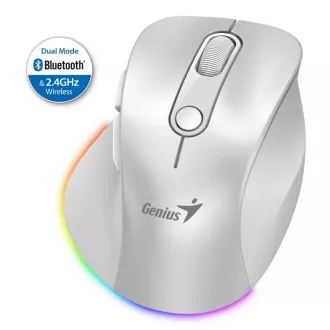 Genius Ergo 9000S Pro egér, vezeték nélküli, optikai, 2400DPI, 6 gomb, BT, 2,4 GHz, USB-C töltés, csendes, 7 színű háttérvilágítás, fehér színű