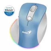 Genius Ergo 9000S Pro egér, vezeték nélküli, optikai, 2400DPI, 6 gomb, BT, 2,4 GHz, USB-C töltés, csendes, 7 színű háttérvilágítás, kék és fehér színű.