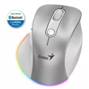 Genius Ergo 9000S Pro egér, vezeték nélküli, optikai, 2400DPI, 6 gomb, BT, 2,4 GHz, USB-C töltés, csendes, 7 színű háttérvilágítás, ezüst színű