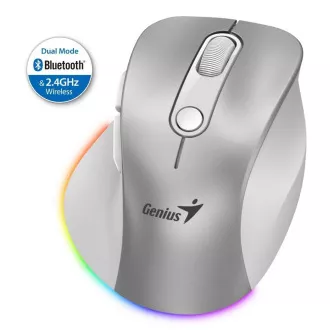 Genius Ergo 9000S Pro egér, vezeték nélküli, optikai, 2400DPI, 6 gomb, BT, 2,4 GHz, USB-C töltés, csendes, 7 színű háttérvilágítás, ezüst színű