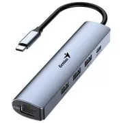 Genius UH-545 USB Hub, külső, USB-C - 3× USB 3.0, 1× USB-C, RJ-45 Gigabit Ethernet, 15 cm, szürke, 15 cm, szürke