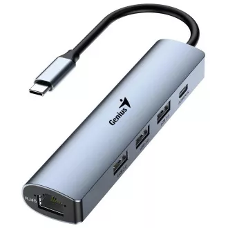 Genius UH-545 USB Hub, külső, USB-C - 3× USB 3.0, 1× USB-C, RJ-45 Gigabit Ethernet, 15 cm, szürke, 15 cm, szürke