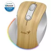 Genius Ergo 9000S Pro egér, vezeték nélküli, optikai, 2400DPI, 6 gomb, Bluetooth, 2.4GHz, USB-C töltés, csendes, 7bar.backing, fenyőfa