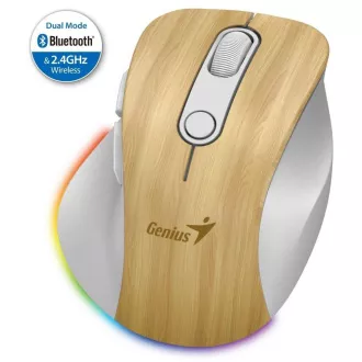 Genius Ergo 9000S Pro egér, vezeték nélküli, optikai, 2400DPI, 6 gomb, Bluetooth, 2.4GHz, USB-C töltés, csendes, 7bar.backing, fenyőfa