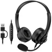 Genius HS-235U AI, fejhallgató, vezetékes, fejre rögzíthető, mikrofon, Copilot, hangerő-szabályozás, 2,4 m-es kábel, USB-C, USB, fekete