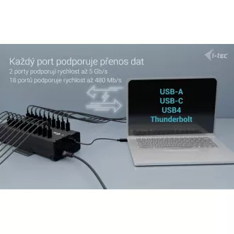 I-tec USB-C/USB-A fém töltő adat HUB, 15W portonként, 20x USB-C, 360W