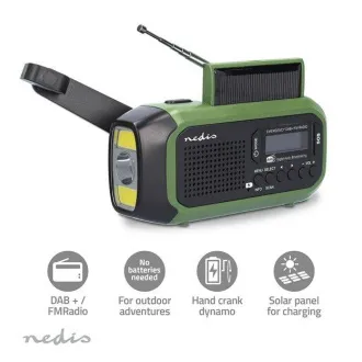 Nedis RDDBCR2000GN - Vészhelyzeti rádió | DAB / FM | Akkumulátorral / USB-vel / kézi kurblival / napenergiával | Ébresztőóra Nedis RDDBCR2000GN - Vészhelyzeti rádió | DAB / FM | Akkumulátorral / USB-vel / kézi kurblival / napenergiával | Ébresztőóra