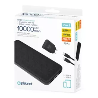 PLATINET POWER BANK 10000 mAh PD CHARGER 20W USB-C kábel fekete PLATINET POWER BANK 10000 mAh PD CHARGER 20W USB-C kábel fekete