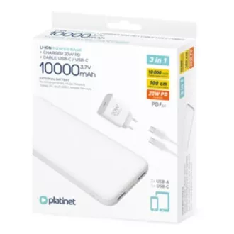 PLATINET POWER BANK 10000 mAh PD CHARGER 20W USB-C kábel fehér PLATINET POWER BANK 10000 mAh PD CHARGER 20W USB-C kábel fehér