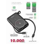 SWISSTEN POWER BANK 10 000 mAh PD 20 W, beépített USB-C és Lightning kábelekkel (MagSafe-kompatibilis)