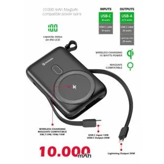 SWISSTEN POWER BANK 10 000 mAh PD 20 W, beépített USB-C és Lightning kábelekkel (MagSafe-kompatibilis) SWISSTEN POWER BANK 10 000 mAh PD 20 W, beépített USB-C és Lightning kábelekkel (MagSafe-kompatibilis)