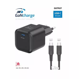 SWISSTEN HÁLÓZAT ADAPTER GaN 1x USB-C 20W TÁMOGATÁS FEKETE   ADATKÁBEL USB-C/USB-C 1,2 M FEKETE