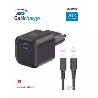 SWISSTEN HÁLÓZAT ADAPTER GaN 1x USB-C 35W TÁMOGATÁS FEKETE   ADATKÁBEL USB-C/LIGHTNING 1,2 M FEKETE
