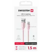 SWISSTEN ADATKÁBEL TEXTILE II USB / LIGHTNING 1,5 M RÓZSASZÍNŰ