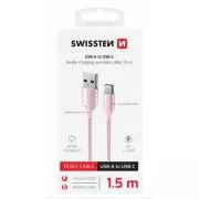 SWISSTEN ADATKÁBEL TEXTILE II USB / USB-C 1,5 M RÓZSASZÍNŰ