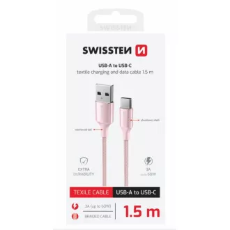 SWISSTEN ADATKÁBEL TEXTILE II USB / USB-C 1,5 M RÓZSASZÍNŰ SWISSTEN ADATKÁBEL TEXTILE II USB / USB-C 1,5 M RÓZSASZÍNŰ