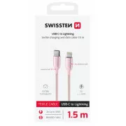 SWISSTEN ADATKÁBEL TEXTILE II USB-C / LIGHTNING 1,5 M RÓZSASZÍNŰ