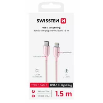 SWISSTEN ADATKÁBEL TEXTILE II USB-C / LIGHTNING 1,5 M RÓZSASZÍNŰ