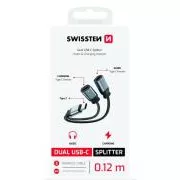 SWISSTEN TÖLTŐ AUDIO ADAPTER TEXTIL USB-C (férfi) / 2x USB-C (női) 0,12 M FEKETE