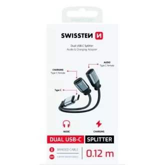 SWISSTEN TÖLTŐ AUDIO ADAPTER TEXTIL USB-C (férfi) / 2x USB-C (női) 0,12 M FEKETE SWISSTEN TÖLTŐ AUDIO ADAPTER TEXTIL USB-C (férfi) / 2x USB-C (női) 0,12 M FEKETE