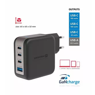 SWISSTEN NETWORK ADAPTER GaN 3x USB-C 100W PD   1x USB-A 18W QC FEKETE