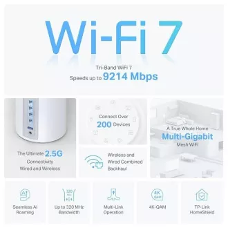 TP-Link Deco BE65(1-pack) BE9300 Tri-band Mesh WiFi 7 rendszer az egész háztartás számára, 4x 2.5GLAN, USB, 2.4/5/6GHz, HomeShi