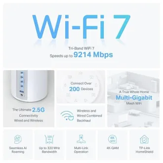 TP-Link Deco BE65(1-pack) BE9300 Tri-band Mesh WiFi 7 rendszer az egész háztartás számára, 4x 2.5GLAN, USB, 2.4/5/6GHz, HomeShi - Felbontott