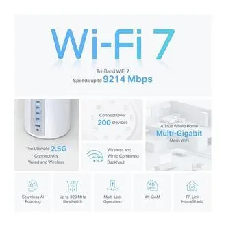 TP-Link Deco BE65(1-pack) BE9300 Tri-band Mesh WiFi 7 rendszer az egész háztartás számára, 4x 2.5GLAN, USB, 2.4/5/6GHz, HomeShi - Felbontott