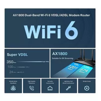 TP-Link Archer VX1800V - AX1800 Wi-Fi 6 VDSL/ADSL modem és útválasztó, USB 2.0 3G/4G és médiához, RJ-11 VoIP telefonhoz, Eas