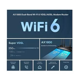 TP-Link Archer VX1800V - AX1800 Wi-Fi 6 VDSL/ADSL modem és útválasztó, USB 2.0 3G/4G és médiához, RJ-11 VoIP telefonhoz, Eas