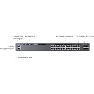 TP-Link SG6428X Omada 24 portos Gigabit RJ45 stackable L3 switch, 4×10 Gbps SFP  bővítőhelyek