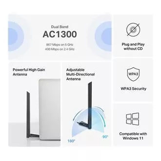 MERCUSYS MA30H - AC1300 vezeték nélküli kétsávos USB adapter - Antenna, nagy erősítéssel