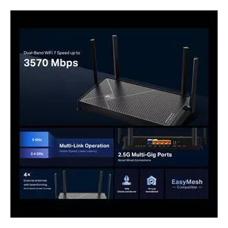 TP-Link Archer BE230 - BE3600 Wi-Fi 7 útválasztó, 1x2.5G WAN, 1x2.5G LAN, 3xGLAN, USB 3.0, HomeShield, EasyMesh
