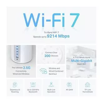 TP-Link Deco BE65(3-pack) BE9300 Tri-band Mesh WiFi 7 rendszer az egész otthonra, 4x 2.5GLAN, USB, 2.4/5/6GHz, HomeShi TP-Link Deco BE65(3-pack) BE9300 Tri-band Mesh WiFi 7 rendszer az egész otthonra, 4x 2.5GLAN, USB, 2.4/5/6GHz, HomeShi