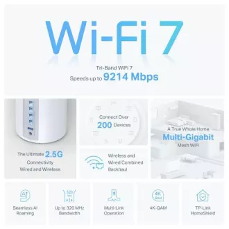 TP-Link Deco BE65(3-pack) BE9300 Tri-band Mesh WiFi 7 rendszer az egész otthonra, 4x 2.5GLAN, USB, 2.4/5/6GHz, HomeShi TP-Link Deco BE65(3-pack) BE9300 Tri-band Mesh WiFi 7 rendszer az egész otthonra, 4x 2.5GLAN, USB, 2.4/5/6GHz, HomeShi